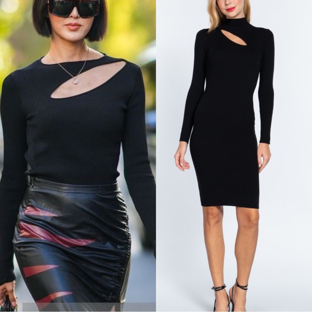 THE CUT OUT LONG SLEEVE BLACK DRESS - MIDI